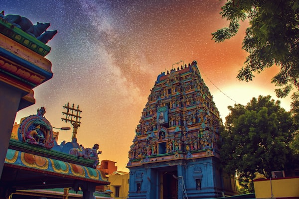 South India temple at sunset